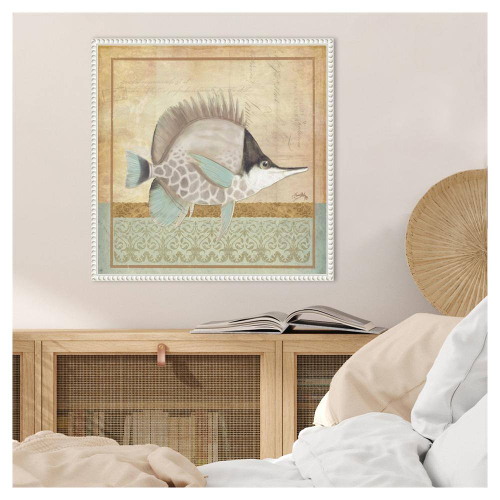 Vintage Fish IV Coastal Canvas Wall Art in White Frame