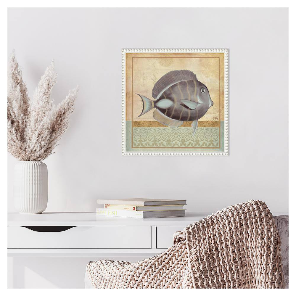 Vintage Fish II Coastal Canvas Wall Art with White Beaded Frame