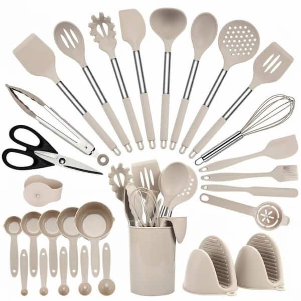 28 Pcs Khaki Silicone Cooking Utensils Set Stainless Steel Handle Heat-Resistant Kitchen Tools Dishwasher Safe