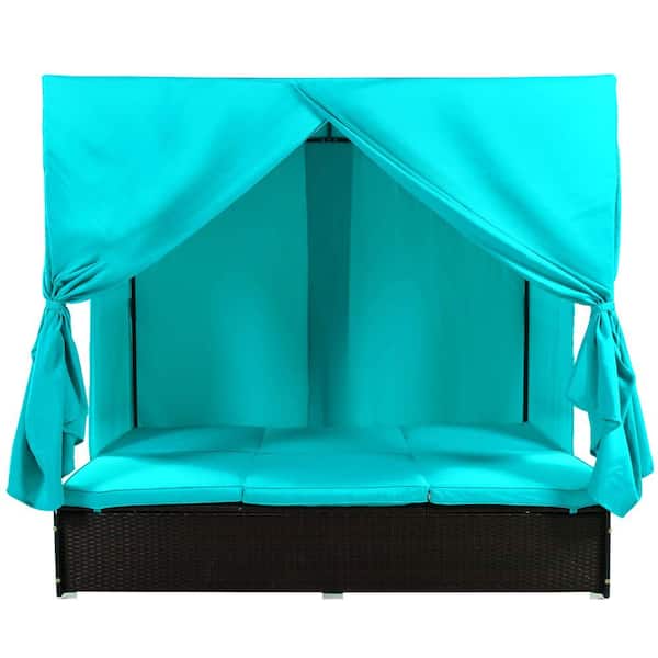 Zeus & Ruta Black Wicker Patio Outdoor Sunbed Day Bed with Blue Cushions and Adjustable Seats