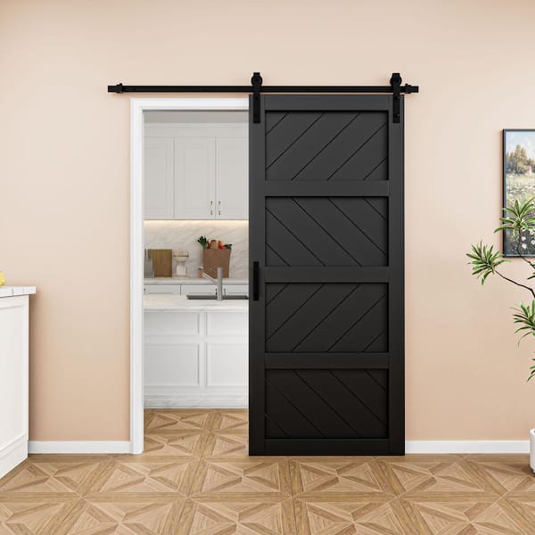 36 in. x 84 in. Black Finished 4-Lite Wave Pattern Style MDF Sliding Barn Door with Hardware Kit and Soft Close