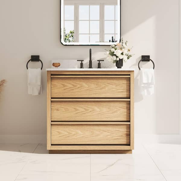 Oakland 36 in. Fully Assembled Freestanding Oak Solid Wood Bath Vanity with White Quartz Top, Soft-Close, Backsplash