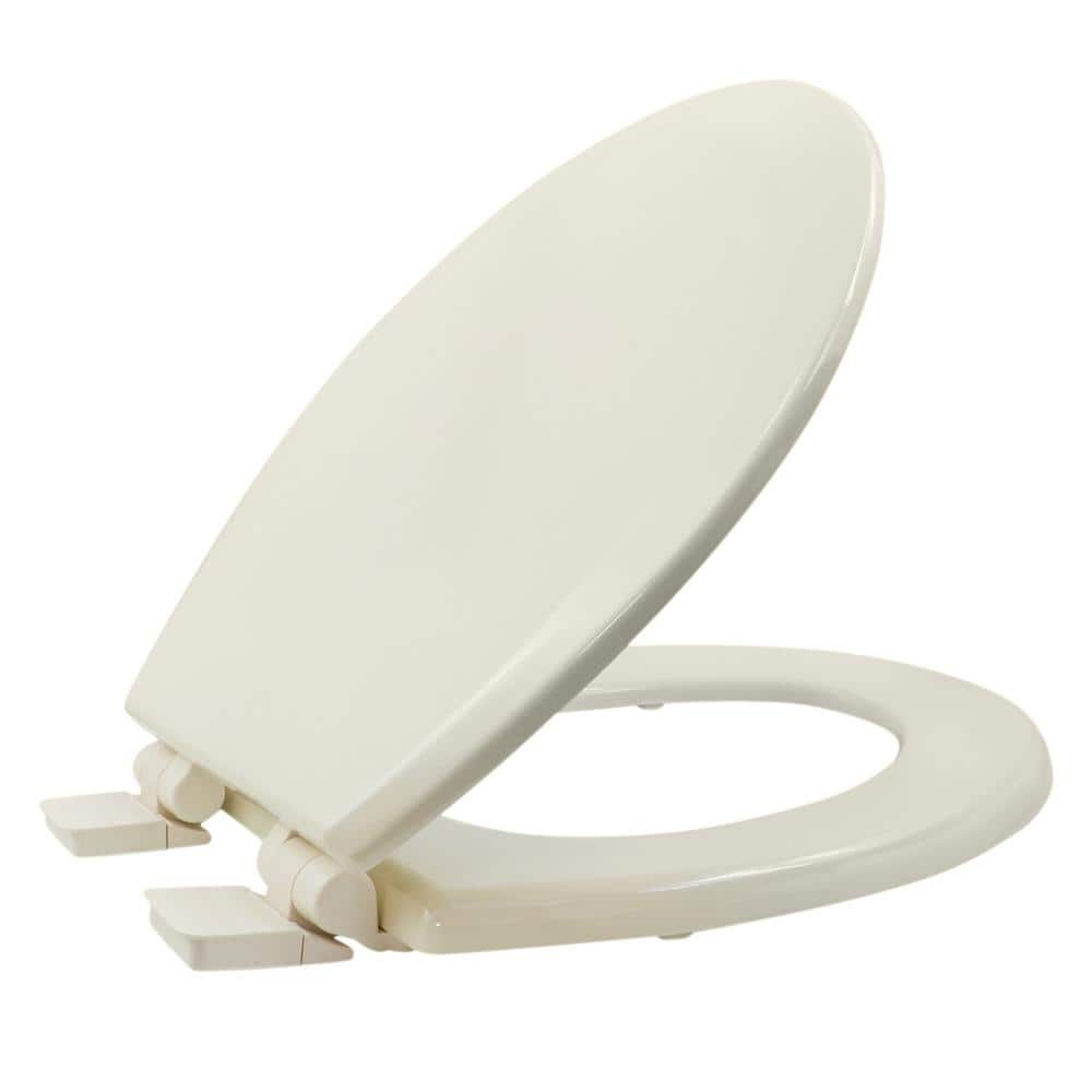 PLUMBFLEX Round Slow-Close Toilet Seat with Adjustable Hinges and Easy Removal Mechanism in Bone Molded Wood,  Standard Size Fit