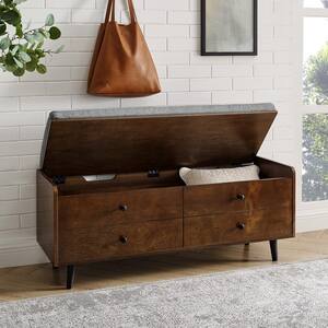 19 In. Dark Walnut and Gray Wood Faux Drawer Storage Bench with Polyester Linen Cushion