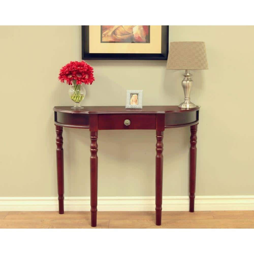 Dark Cherry Wood Half-Moon Console Table with Storage Drawer