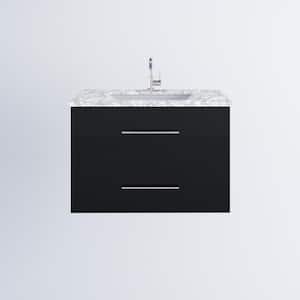 Napa 36 W x 22 D x 21-3/4 H Single Sink Bathroom Vanity Wall Mounted in Glossy Black with Carrera Marble Countertop