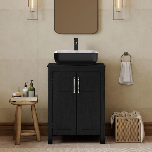 24 in. Freestanding Black Bath Vanity Cabinet with Black Solid Surface Top and Single Sink Set Unassembled