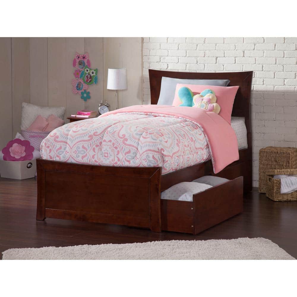 Walnut Twin XL Platform Bed with Storage Drawers and Headboard