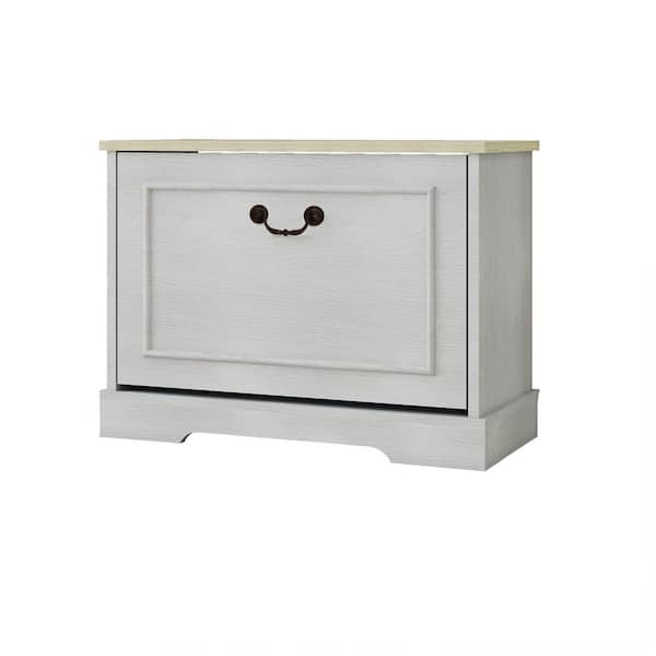 Harlan 17.7 in. H x 23.6 in. W 6-Pair Shoes Antique White Wood Shoe Storage Bench with 1 Flip Drawers