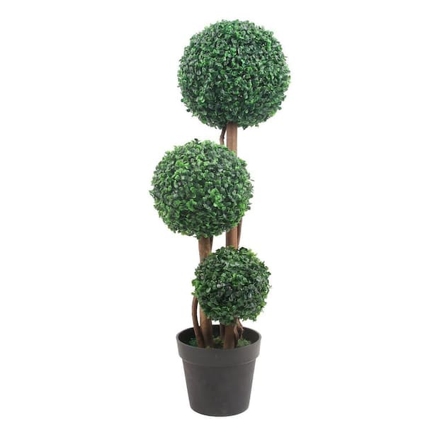 3.9 ft. Artificial Topiary Ball Tree Faux Boxwood Plants Triple Tree Milan Grass Ball Trees