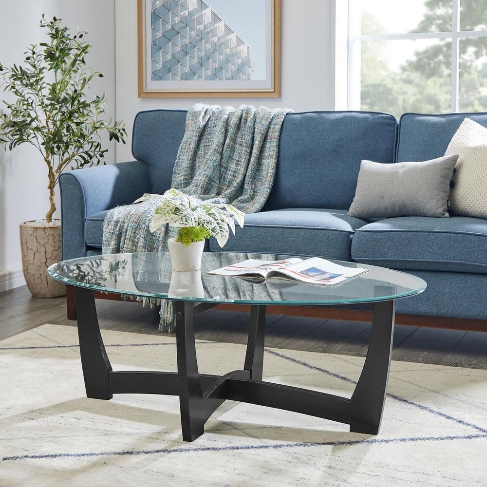 Trix Mid-Century Modern 48 in. Round Black Wood Coffee Table, End Table, Side Table with Glass Top price history on PriceWatchPro
