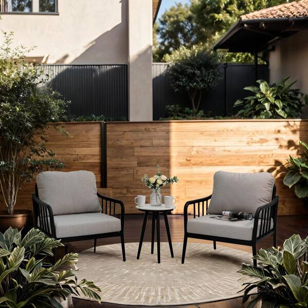 Noble House Arlo 3-Piece Aluminum Patio Cushioned Conversation Set, Sunbrella Fabric, Stone Table Top, Ember Black and Grey