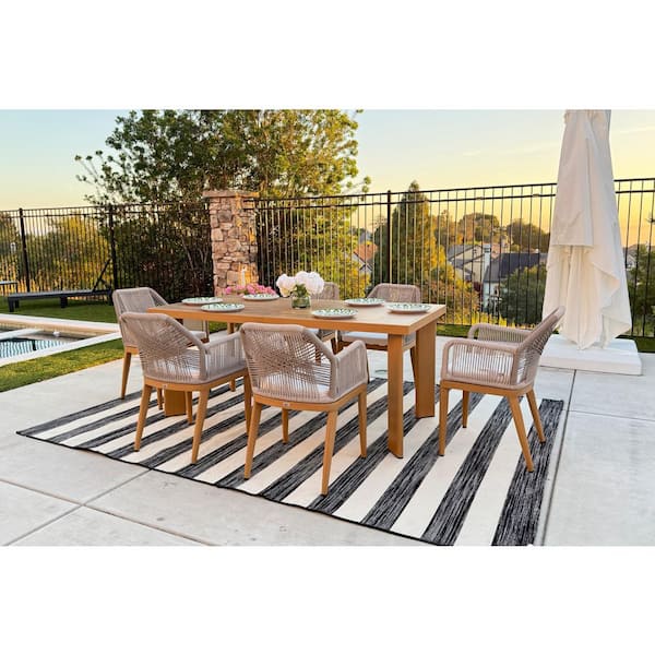 7-Piece Aluminum Outdoor Dining Set Teak Patio Furniture Set Wicker Table and Chairs with Cushions