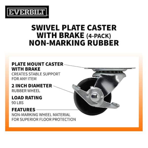 2.5 in. 175 lbs. Capacity Rubber Single-Bearing Swivel Plate Caster with Brake (4-Pack) 2.5 in. 175 lbs. Capacity Rubber Single-Bearing Swivel Plate Caster with Brake (4-Pack)
