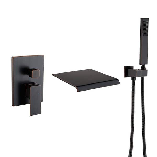 Single-Handle Wall-Mount Roman Tub Faucet with Hand Shower Brass Waterfall Bathtub Filler with Sprayer Oil Rubbed Bronze