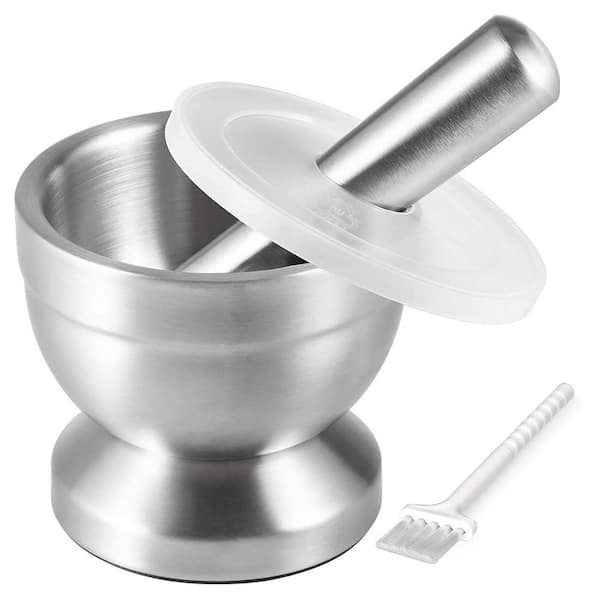 Stainless Steel Silver Mortar and Pestle Set with Translucent Lid for Grinding Pills, Spices, Herbs, Pesto