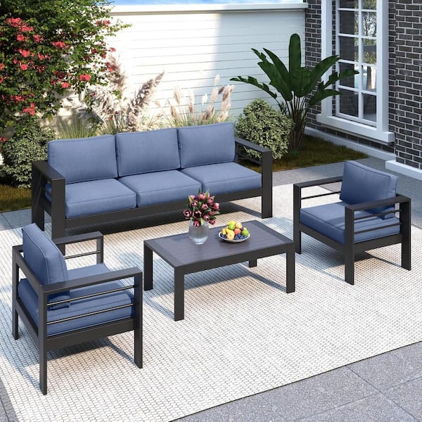 4-Piece Aluminum Outdoor Sectional Set with Blue Cushions, Patio Conversation Set, 5-Seat Outdoor Sofa Set, Black