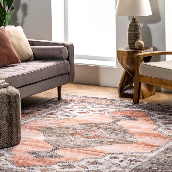 nuLOOM Gracie Machine Washable Distressed Medallion Peach Doormat