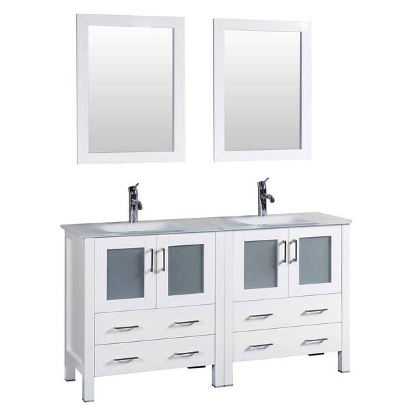 Bosconi 60 in. W Double Bath Vanity in White with Tempered Glass Vanity Top with White Basin and Mirror