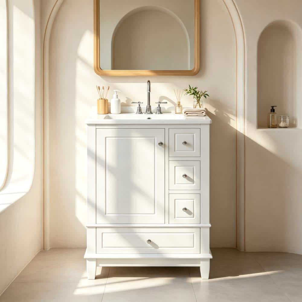 24 in. W White Freestanding Bath Vanity with White Ceramic Top Sink,3 Drawers, Storage Shelves price history on PriceWatchPro