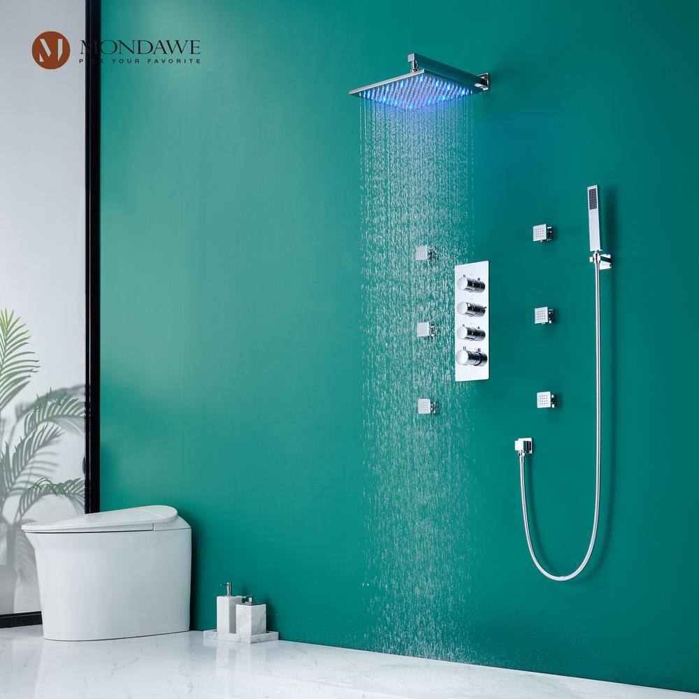 12 Inch Chrome LED Wall Mounted Rain Shower System with Handheld and Body Jets