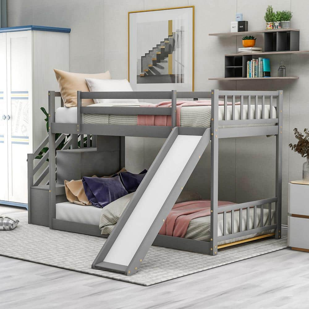 Harper & Bright Designs Gray Twin Over Twin Bunk Bed Daybed with Slide and  Stairway SM000207AAE - The Home Depot