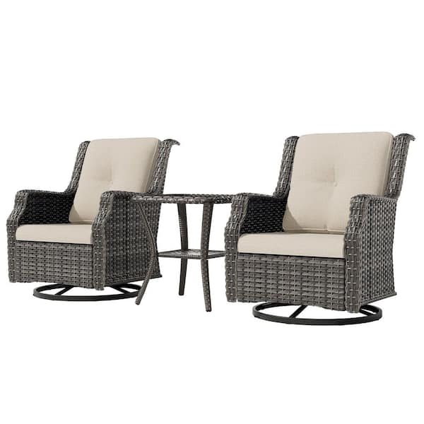 3-Pieces Wicker Outdoor Patio Furniture Sets Swivel Chair Set with Beige Cushion
