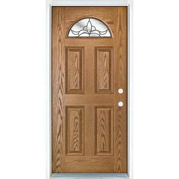 MP Doors 32 in. x 80 in. Left-Hand Inswing Fan Lite Andaman Decorative Glass Light Oak Stained Fiberglass Prehung Front Door