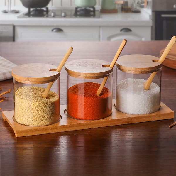 3-Piece Food Grade Glass Spice Canister Set with Bamboo Lids, Spoons, Tray, 10 oz Capacity, Lead-Free, BPA-Free, Clear