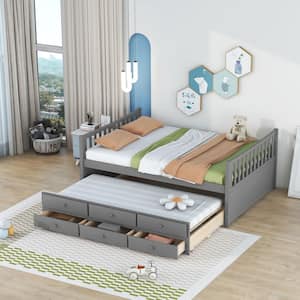 Gray Full Captain's Bed with Trundle Bed, Wood Storage DayBed with 3 Storage Drawers for Kids Teens and Adults