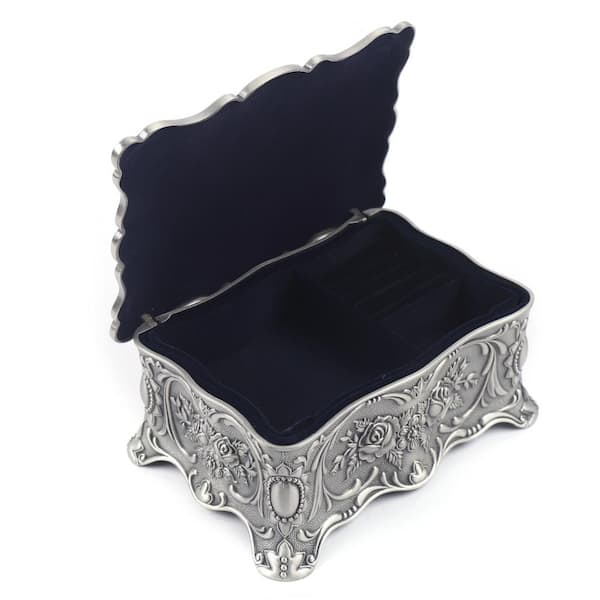 Vintage Ornate Jewelry Box Silver Tone Metal Red Velvet Lining 