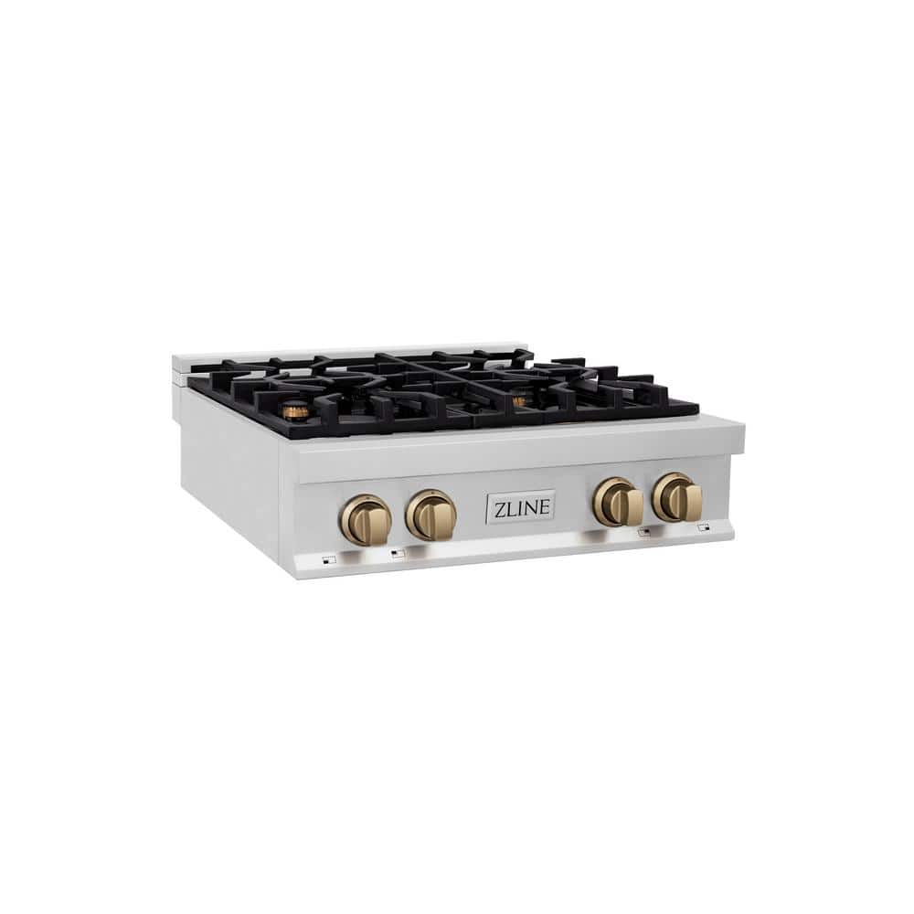 ZLINE Kitchen and Bath Autograph Edition 30 in. 4 Burner Front Control Gas Cooktop with Champagne Bronze Knobs in Stainless Steel, Brushed 430 Stainless Steel & Champagne Bronze