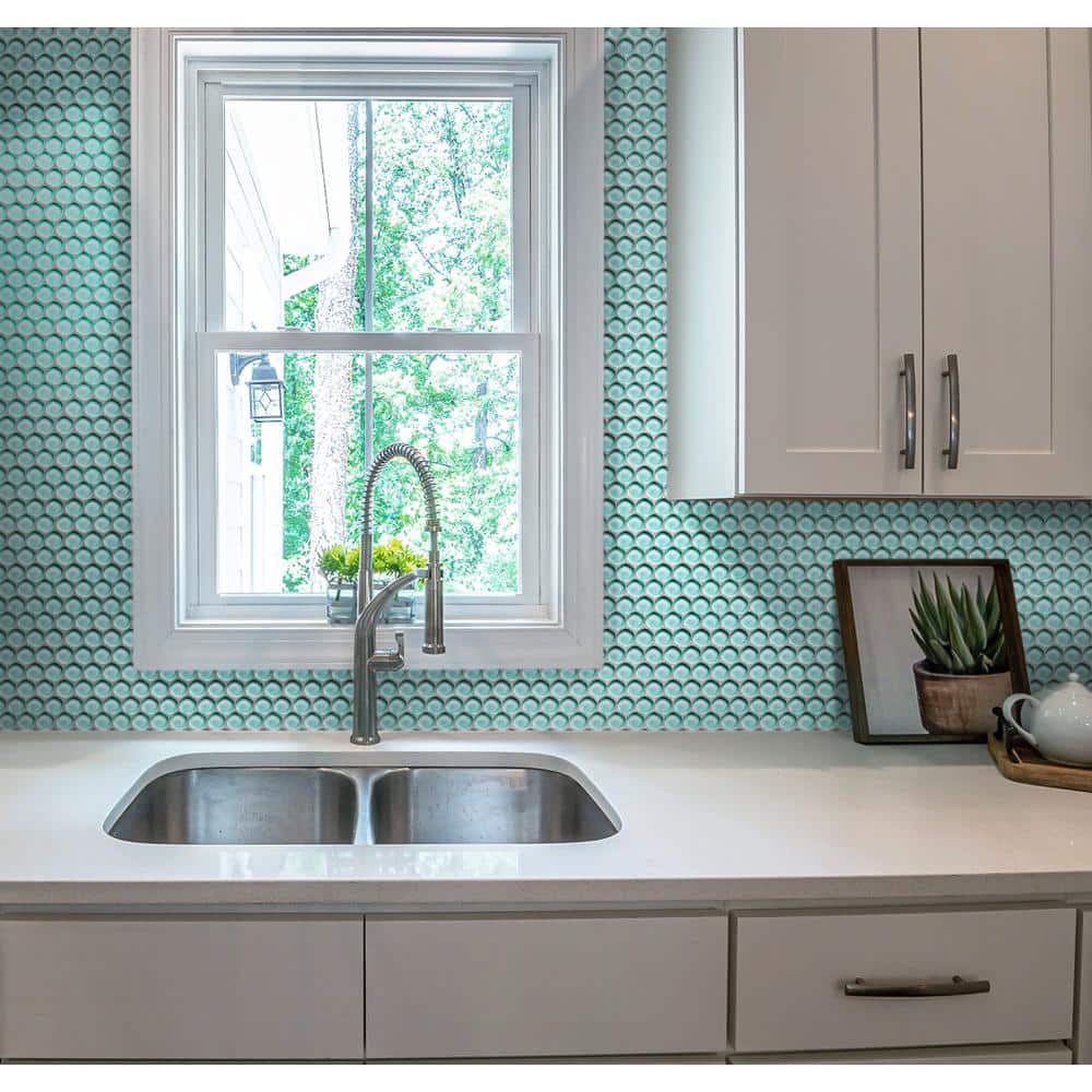 Sky Blue Penny Round Polished Glass Mosaic Tile 12'' x 12''