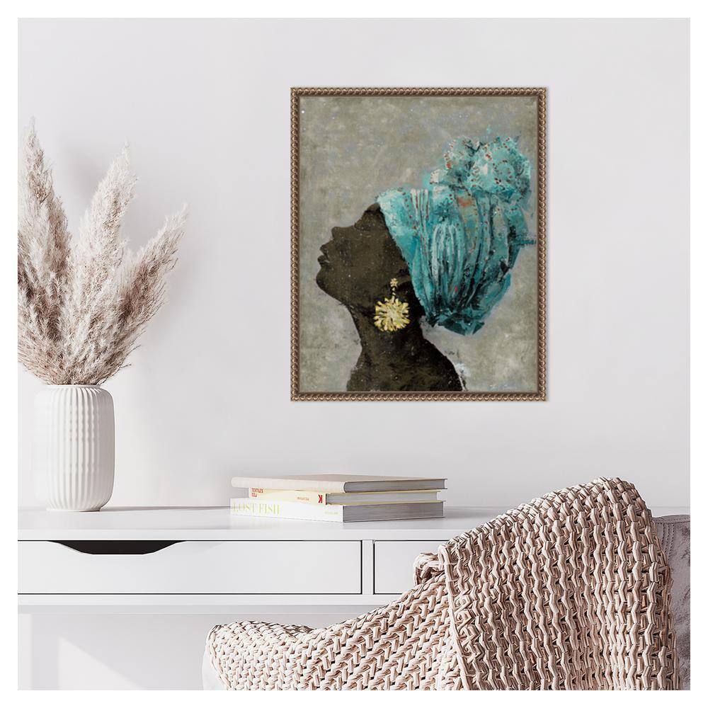 Profile of a Woman II Turquoise Headwrap Canvas Print with Bronze Frame