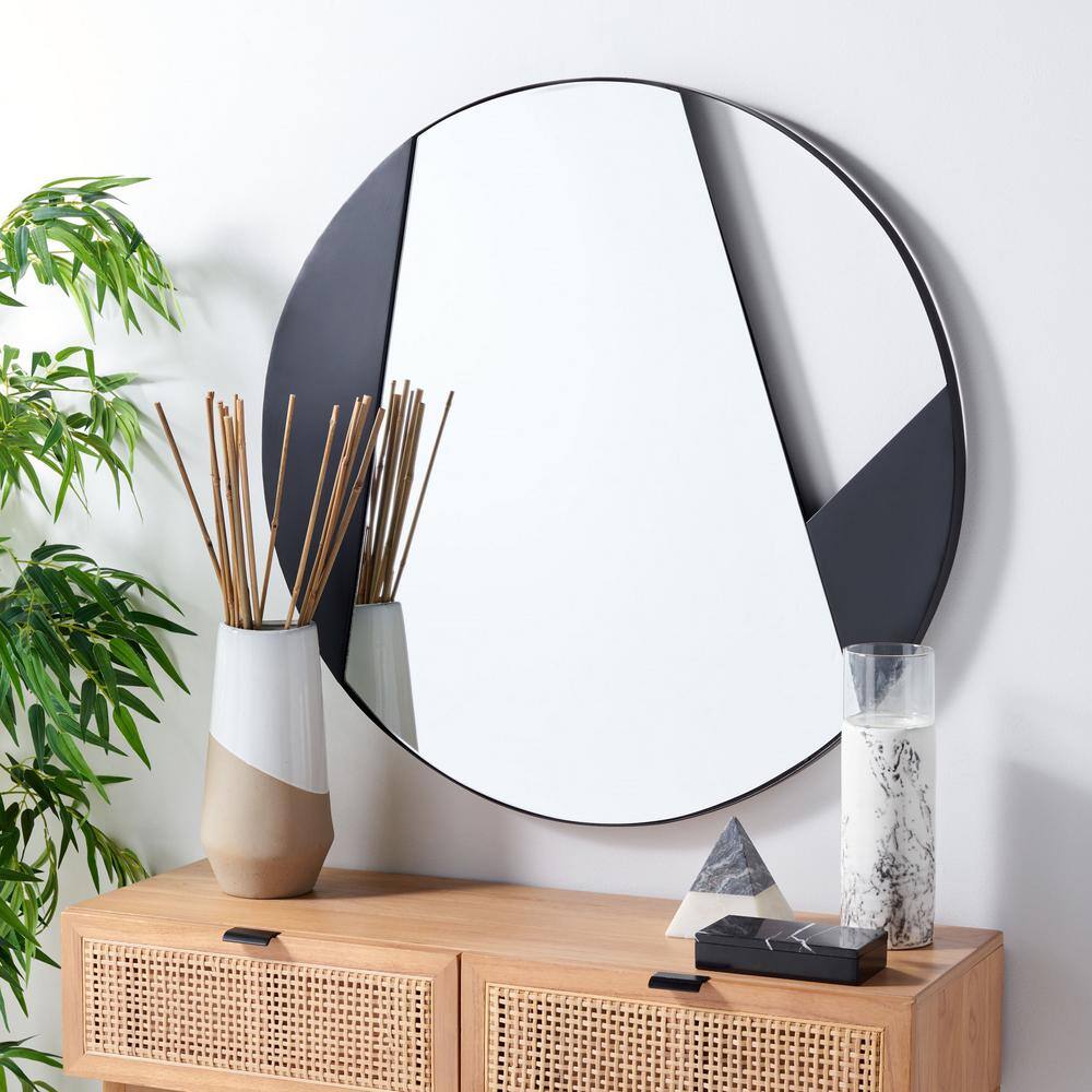 Contemporary Asymmetrical Round Wood Mirror in Matte Black