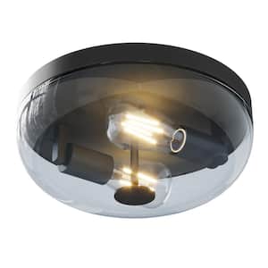 11.8 in. 2-Light Industrial Black Flush Mount Farmhouse Close to Ceiling Light Fixture with Clear Glass Shade