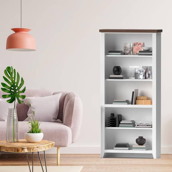 Bridgevine Home Hampton 33.75 in. Wide Barnwood/White 5 Standard Bookcase
