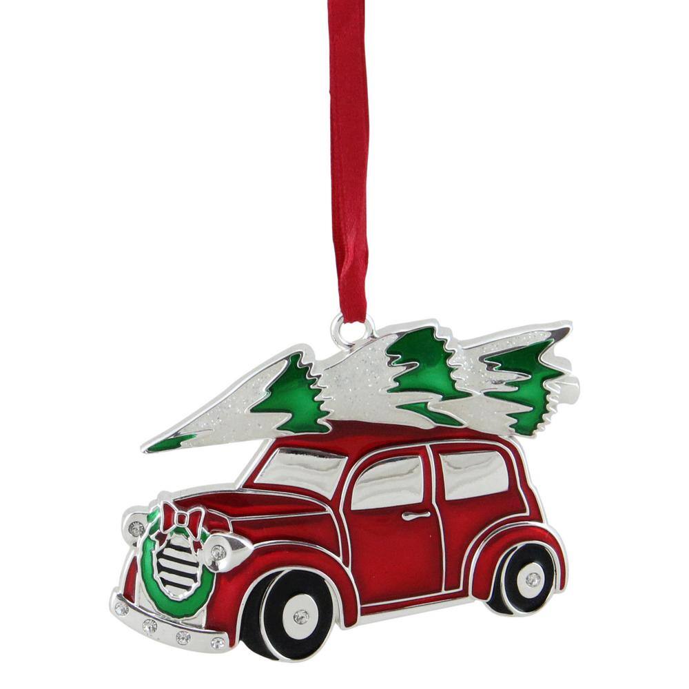 Northlight 3 25 In Red White And Green Silver Plated Car With Tree And Wreath Christmas Ornament 32630241 The Home Depot