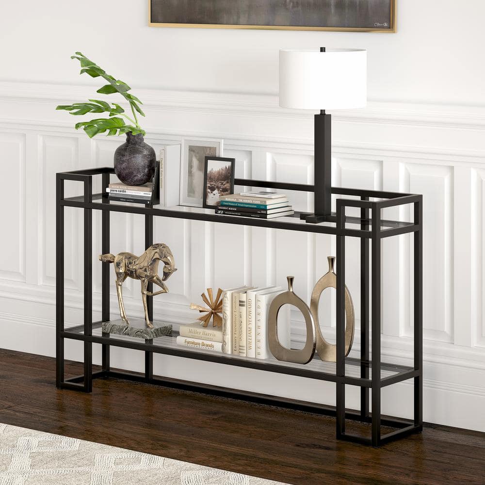 Uriel Blackened Bronze Metal & Glass Console Table with Storage