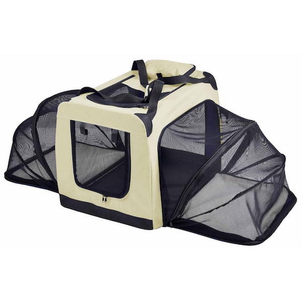 PET LIFE Hounda Accordion Metal Framed Collapsible Expandable Pet Dog Crate - Medium in Khaki