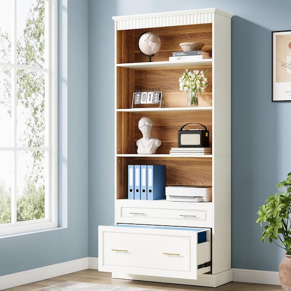 BYBLIGHT Atencio 2-Drawer White Engineered Wood 31 in. W Vertical File Cabinet for Letter Size, 5-Tier Bookshelf for Home Office