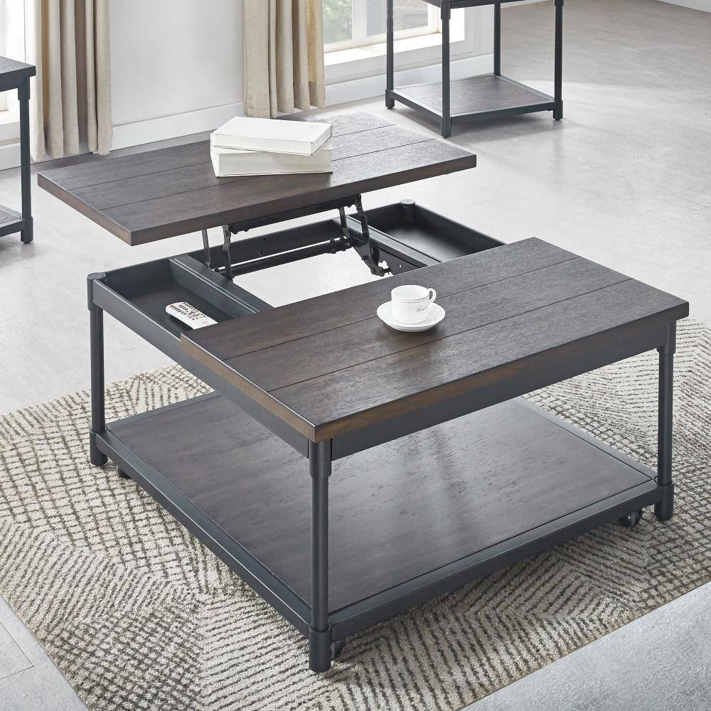 Transitional Prescott 36" Square Lift-Top Cocktail Table in Brown and Black