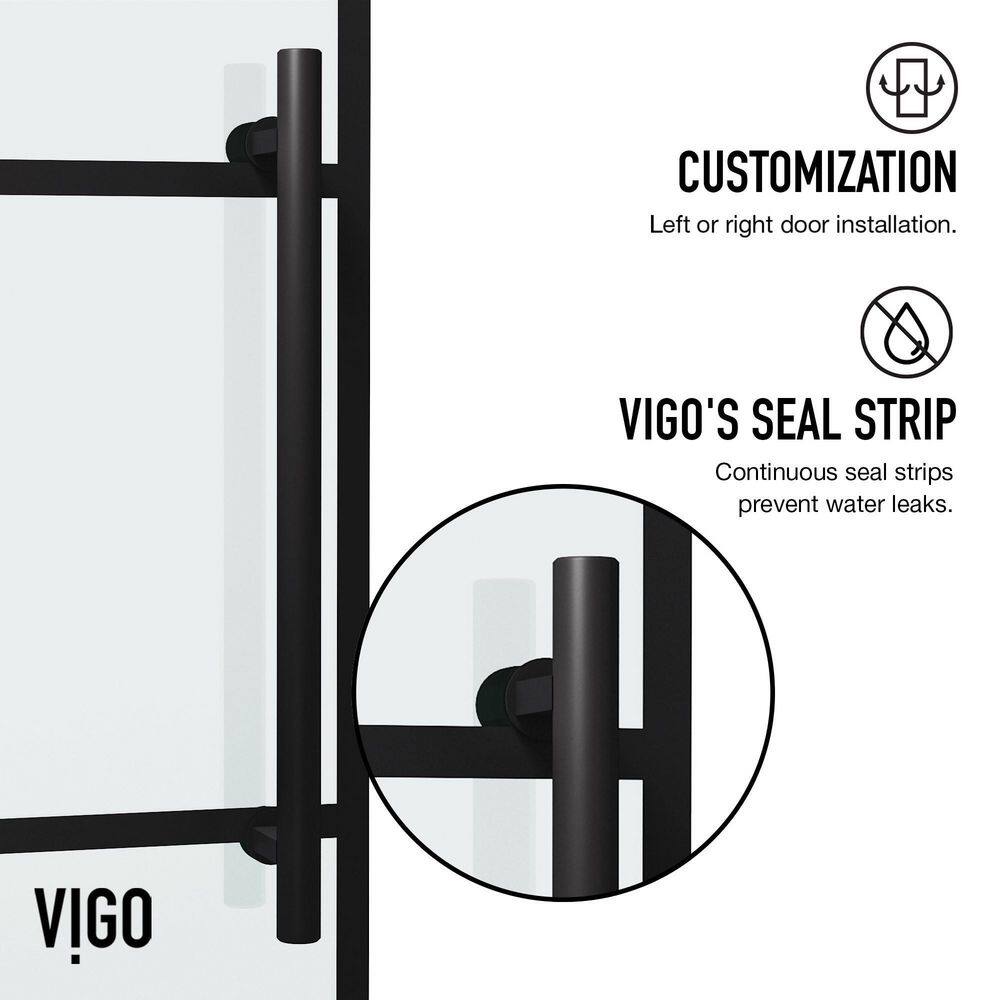 Elan Matte Black Frameless Sliding Shower Door with Clear Grid Glass