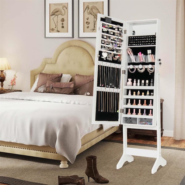 White LED Mirror Jewelry Cabinet with 20 LED Lights Full-Length Mirror Adjustable Angles