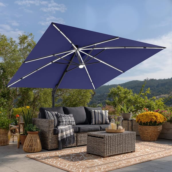Pellebant 11 ft. Square Solar LED Patio Umbrella Outdoor Heavy-Duty 360 Swivel Cantilever Offset Umbrella in Navy Blue with Base Pellebant 11 ft. Square Solar LED Patio Umbrella Outdoor Heavy-Duty 360 Swivel Cantilever Offset Umbrella in Navy Blue with Base