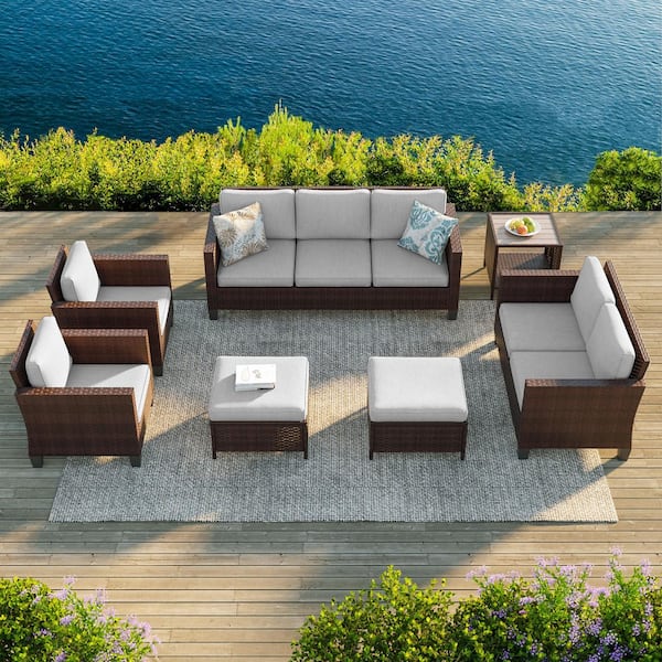 7-Pieces Patio Conversation Set with Side Table, Loveseat Sofa and Ottomans Brown Wicker with Linen Gray Cushions