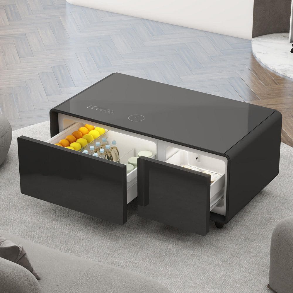Black Plastic Outdoor Smart Side Table Coffee Table with Fridge
