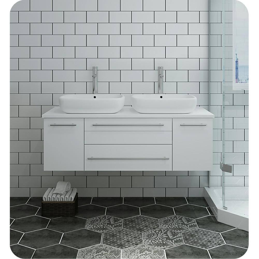 Lucera 48" White Wall-Mount Double Vessel Sink Vanity Base
