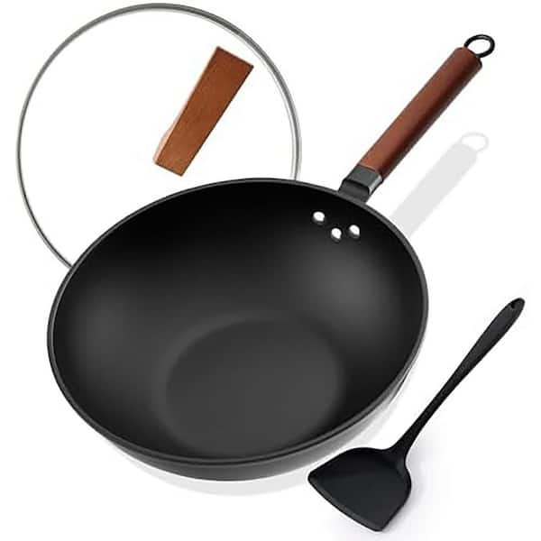 13 in. Wok Carbon Steel Pre-Seasoned Nonstick Flat Bottom with Standable Glass Lid for Induction Gas Electric Cooking