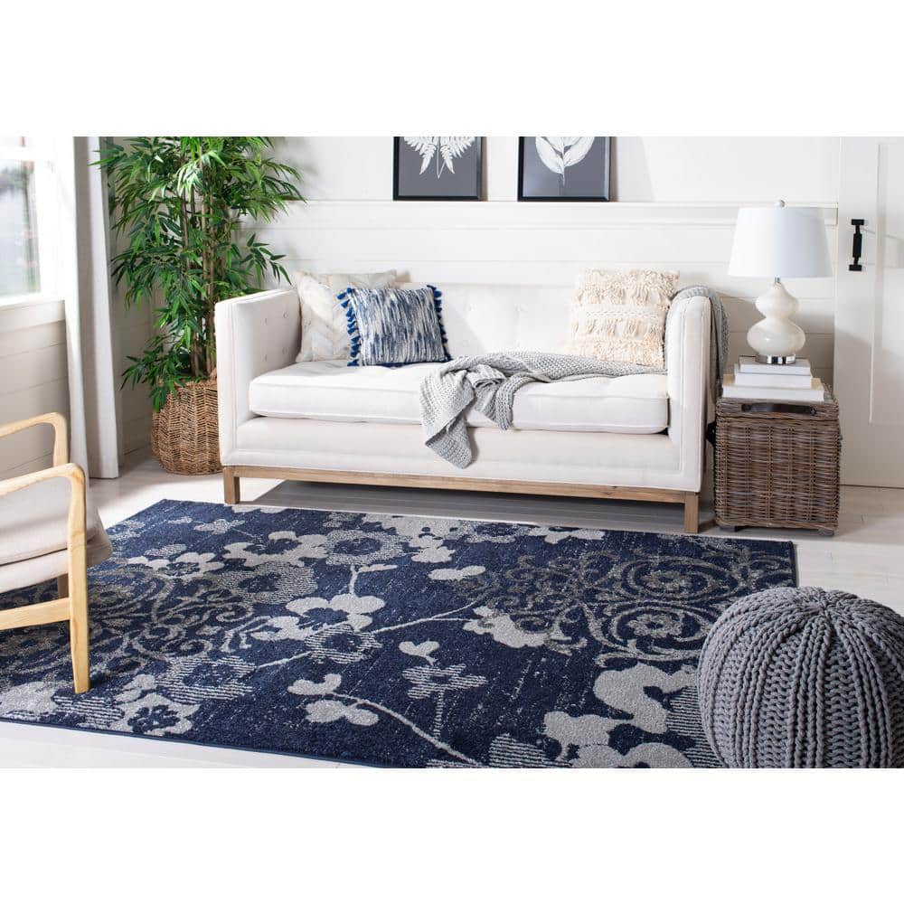 Navy and Silver Floral Synthetic Rectangular Area Rug, 8' x 10'